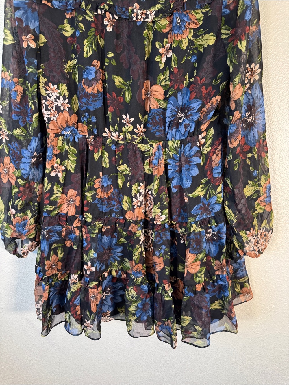 Veronica Beard Black Floral Tiered Mini Dress Womens 12 Boho Luxury Sheer - Picture 3 of 12